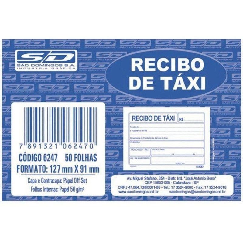 BLOCO RECIBO TAXI 50 FOLHAS SAO DOMINGOS - REF. 6247 - 1 UNIDADE