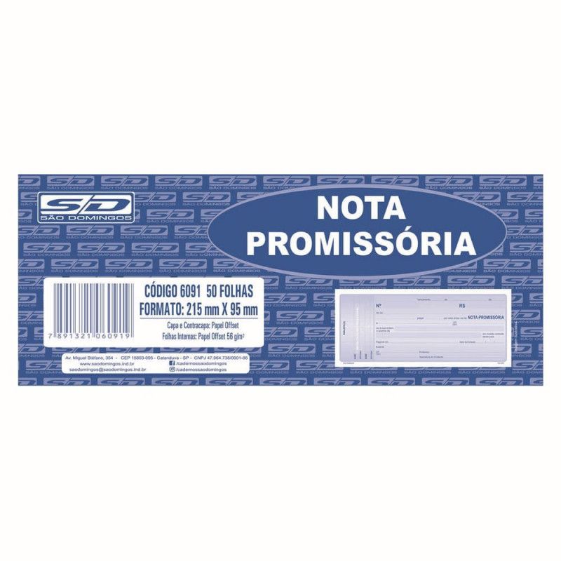 BLOCO NOTA PROMISSORIA 50 FOLHAS SAO DOMINGOS - REF. 6091 - 1 UNIDADE