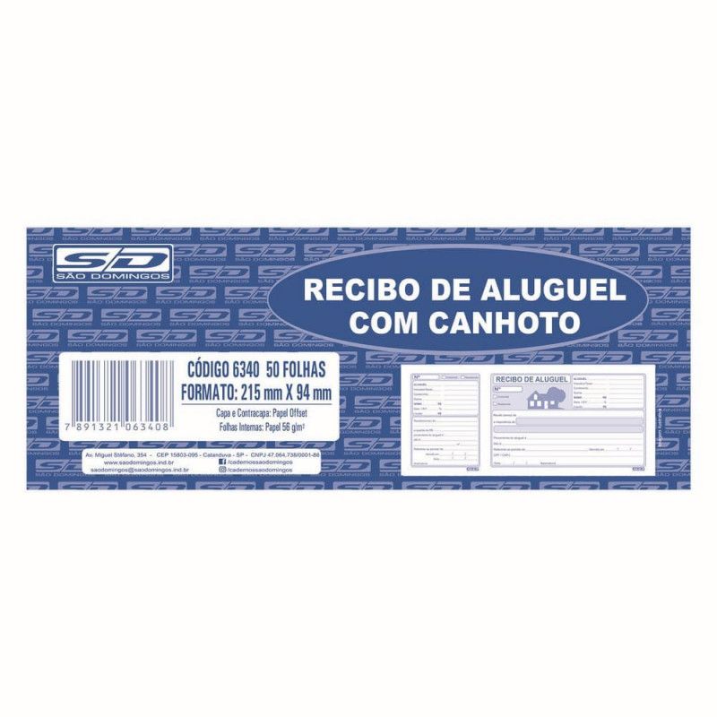 BLOCO RECIBO DE ALUGUEL COM CANHOTO 50 FOLHAS SAO DOMINGOS - REF. 6340 - 1 UNIDADE