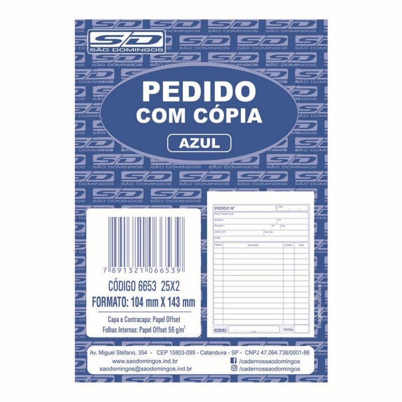 BLOCO PEDIDO 2 VIAS 1/36 AZUL 104X155 25X2 SAO DOMINGOS - REF. 6653 - PACOTE COM 20 UNIDADES