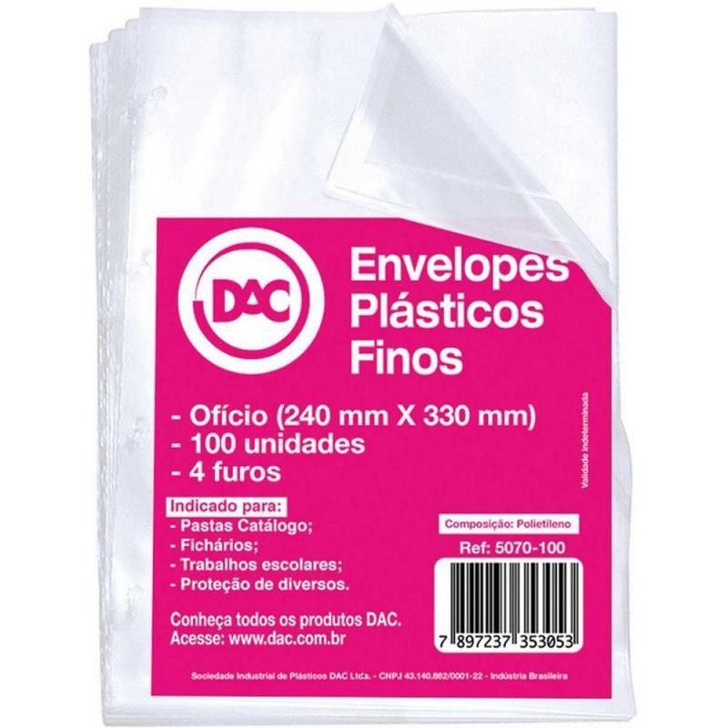 ENVELOPE PLASTICO 4 FUROS 240X330 FINO C/100 - REF. 5070100 - PACOTE COM 100 UNIDADES