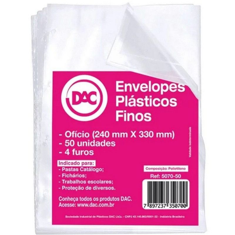 ENVELOPE PLASTICO 4 FUROS 240X330 FINO DAC - REF. 507050 - PACOTE COM 50 UNIDADES