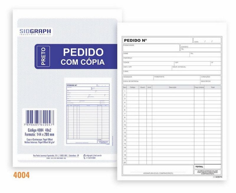 BLOCO PEDIDO 2 VIAS PRETO 1/18 144X208 40X2 - REF. 4004 - PACOTE COM 20 UNIDADES