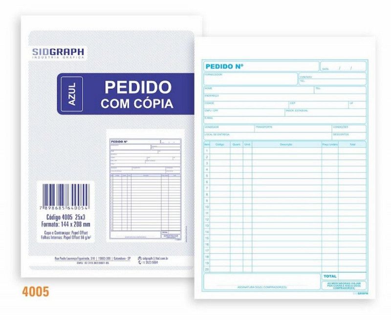 BLOCO PEDIDO 3 VIAS 1/18 144X208 25X3 AZUL SIDGRAPH - REF. 4005 - PACOTE COM 10 UNIDADES