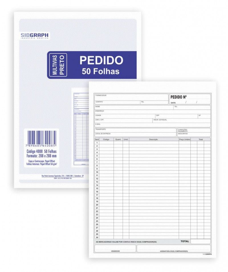 BLOCO PEDIDO 1 VIA 1/ 9 208X288 50 FOLHAS - REF. 4008 - 1 UNIDADE