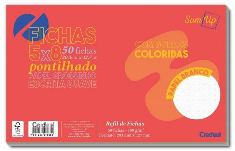 FICHA PONTILHADO 5X8 BORDA COLORIDA COM 50 CREDEAL - REF. 276655 - 1 UNIDADE